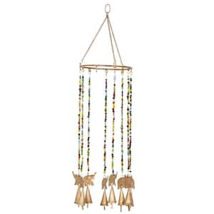 17 in. Gold Metal Elephant Indoor Outdoor Windchime with Glass Beads and Cone Bells