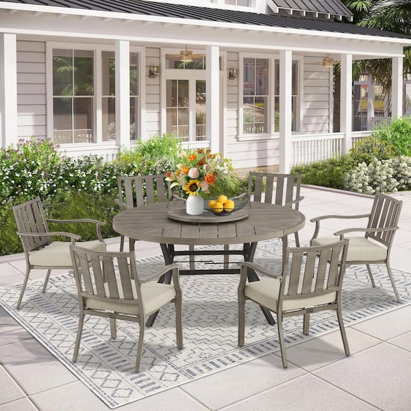 ULAX FURNITURE 7-Piece Aluminum Outdoor Dining Set with Beige Sunbrella Cushions, Round Dining Table, 6 Dining Chairs
