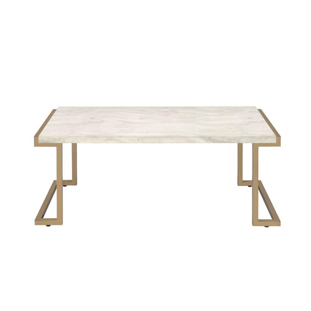 Contemporary Rectangular Lift-Top Coffee Table in Beige Faux Marble & Champagne