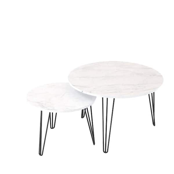 Angel Sar 2-Piece White Round Metal Nesting Outdoor Coffee Table with Wooden Tabletop for Balcony and Living Room
