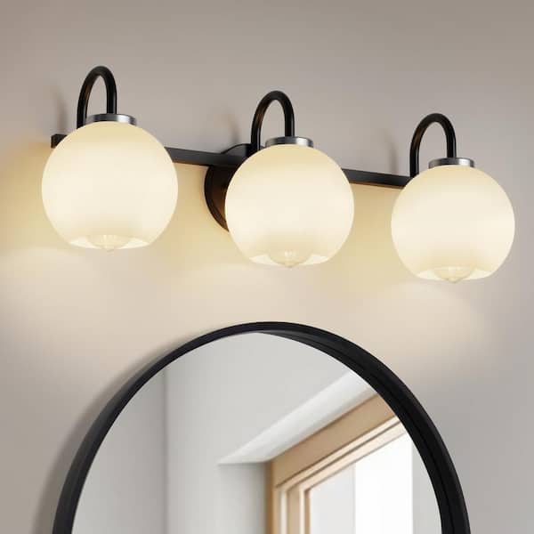 YANSUN 25 in. 3-Light Black Vanity Light with White Globe Glass Shades for Bathroom, Mirror, Powder Room