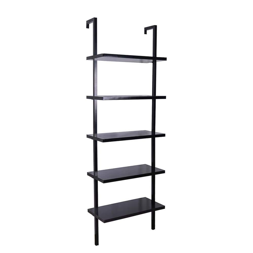 Matte Black Wood 73" Industrial Ladder Bookcase