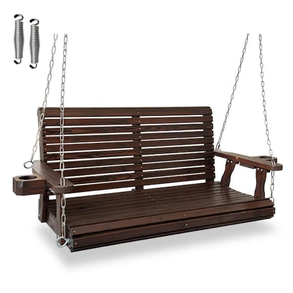 4.5 ft. Outdoor Wood Porch Swing with Cup Holders, Adjustable Hanging Chains and Spring Hooks, Deep Brown