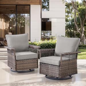 Brown Wicker Outdoor Rocking Chairs, All-Weather PE Rattan Gliders with Gray Cushions for Porch or Balcony (2-Pack)