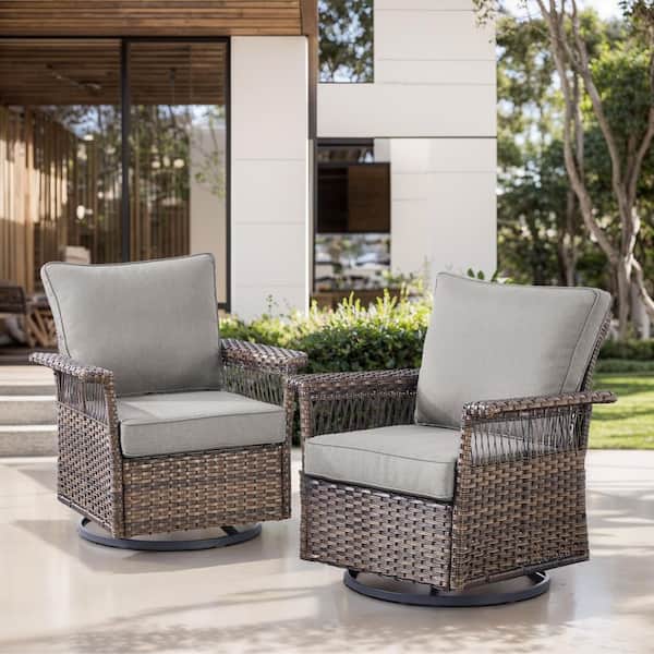 Opohoro Brown Wicker Outdoor Rocking Chairs, All-Weather PE Rattan Gliders with Gray Cushions for Porch or Balcony (2-Pack)