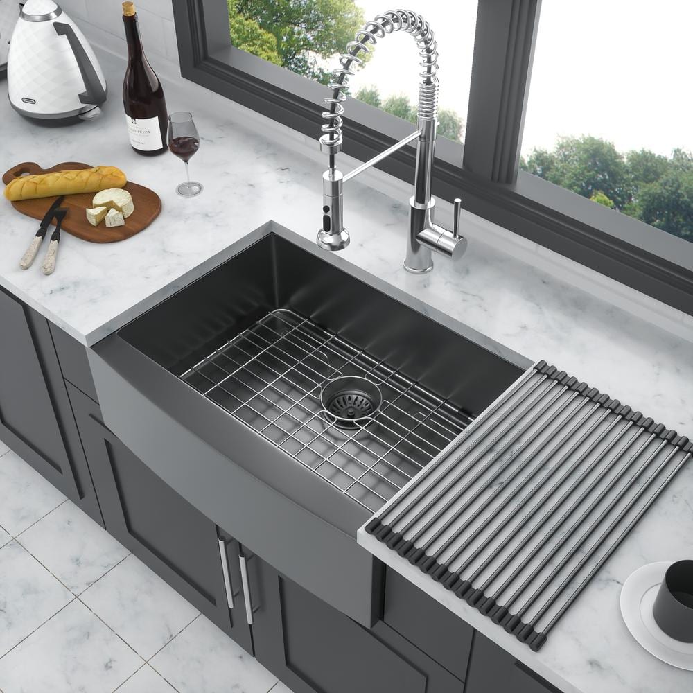 Gunmetal Black Stainless Steel Farmhouse Kitchen Sink with Accessories