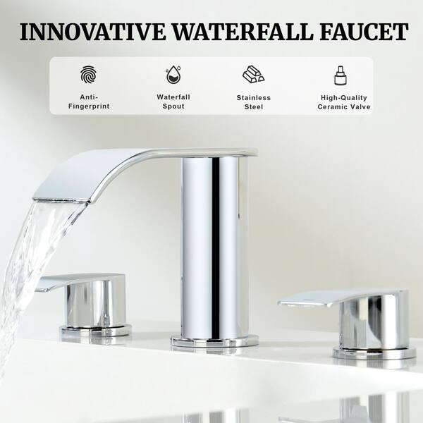 8 in. Widespread Double Handle Waterfall Spout Bathroom Vessel Sink Faucet with Pop Up Drain in Chrome