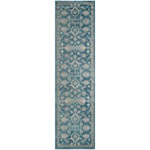 Sofia Blue/Beige 2 ft. x 12 ft. Floral Runner Rug