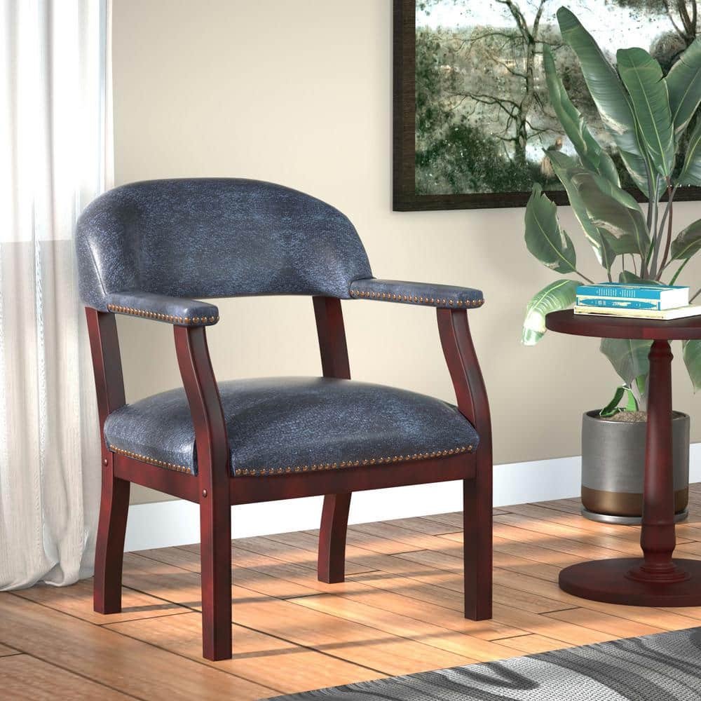 Blue Vinyl and Mahogany Wood Traditional Captain's Reception Chair