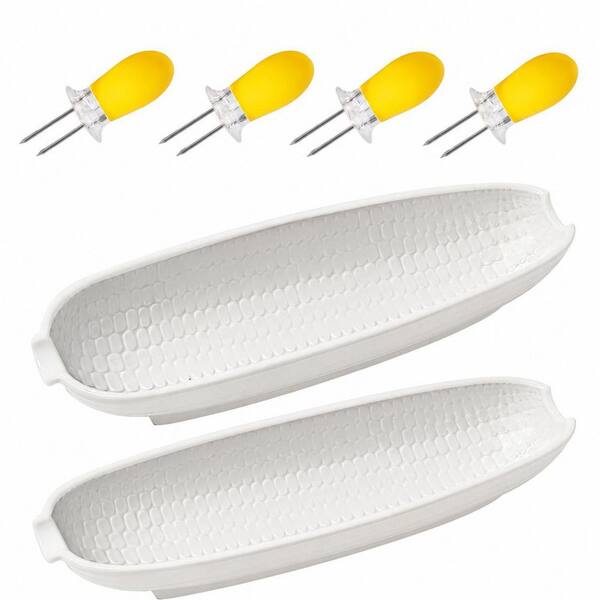 Ceramic Corn on the Cob Dishes Set of 2 with 4 Ceramic Corn Holders, 9 in White Non-Slip Butter Trays