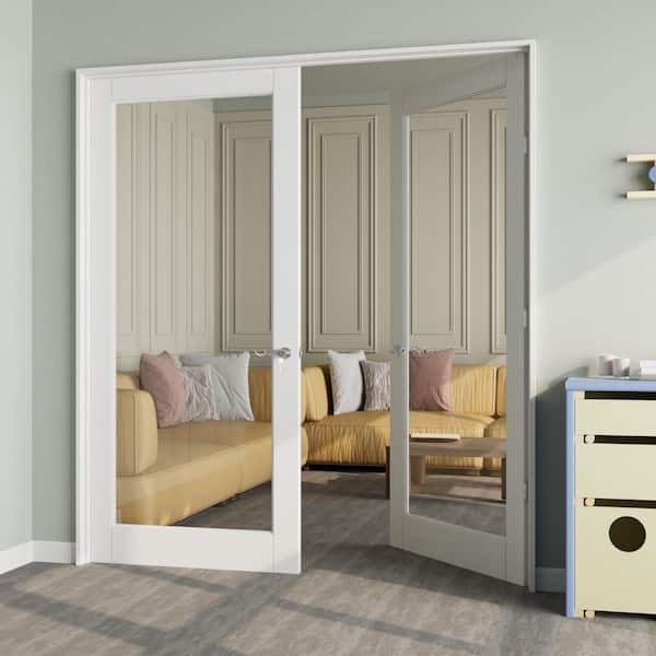 72 in. x 80 in. 1-Lite Clear Glass Universal White Solid Core Wood Double French Door with Quick Assemble Jamb