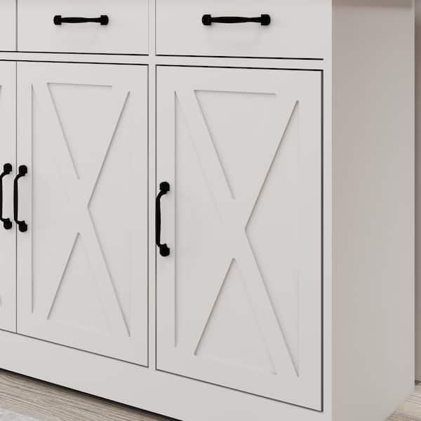FUNKOL 42.72inx15.35inx32.09in MDF Ready to Assemble Kitchen Cabinet in White with 3 Drawers and 3 Cabinet Doors with X's
