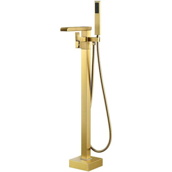 1-Handle Waterfall Freestanding Claw Foot Tub Faucet with Hand Shower in Brushed Gold
