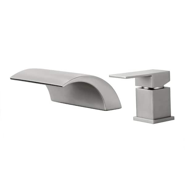 FLG Single-Handle Deck-Mount Roman Tub Faucet Waterfall 2 Holes Modern Brass Bathtub Filler in Brushed Nickel