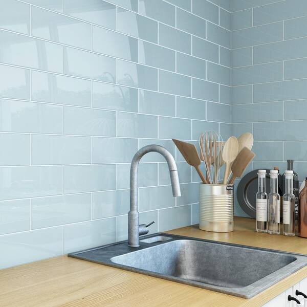 Giorbello Morning Sky Blue 4 in. x 12 in. x 8mm Glass Subway Wall Tile ...