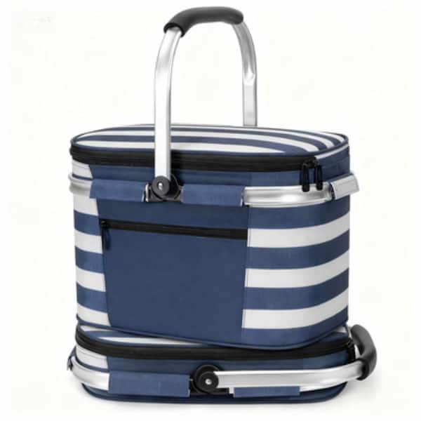 Outdoor Insulated Picnic Basket Set in Blue and White, Polyester Canvas, with Foldable and Leak-Proof Design