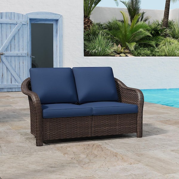 2-Seat Wicker Outdoor Patio Loveseat and Settees with Soft Dark Blue Cushions