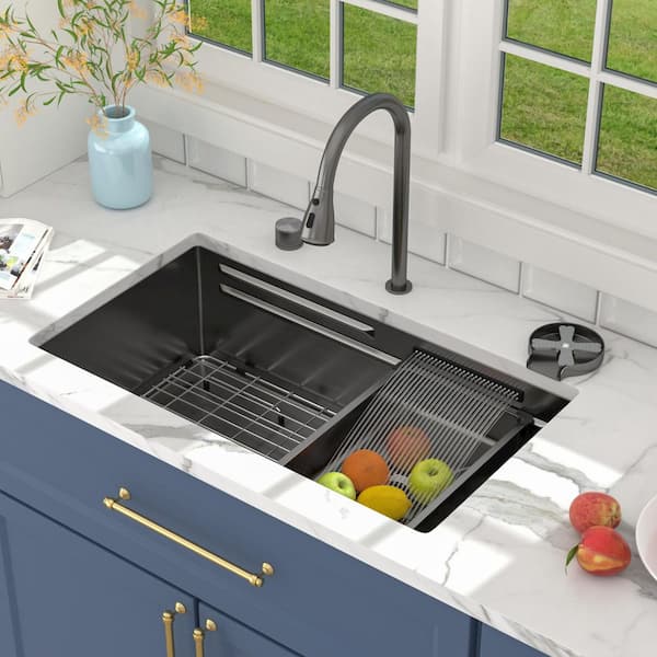 33 in. x 19 in. Gunmetal Black Undermount Single Bowl 16G Stainless Steel Workstation Kitchen Sink with Pull Down Faucet