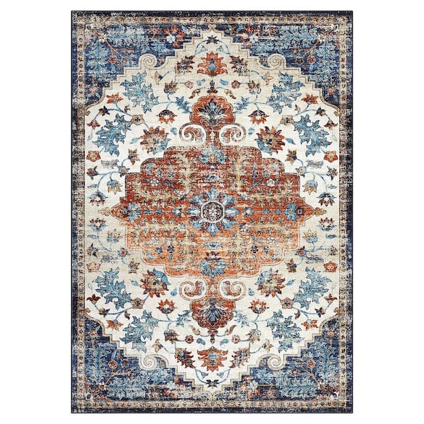 Ultra Thin Washable Rug 9x12ft Vintage Printed Carpet Foldable Indoor Decorative Carpet, Orange