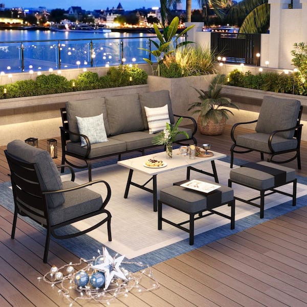 PHI VILLA Metal Slatted 7-Seat 6-Piece Outdoor Patio Conversation Set with Gray Cushions, Table with Marble Pattern Top