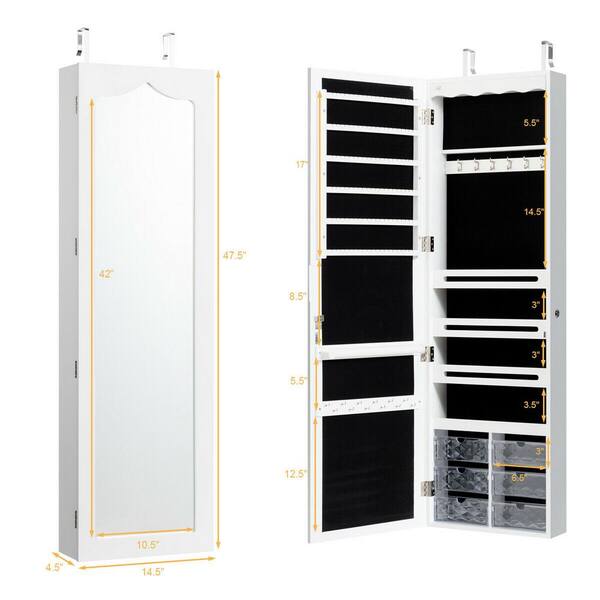 Gymax 47.5 in. H x 14.5 in. W x 4.5 in. D Wall Door Mounted Jewelry Cabinet Organizer LED Mirror White