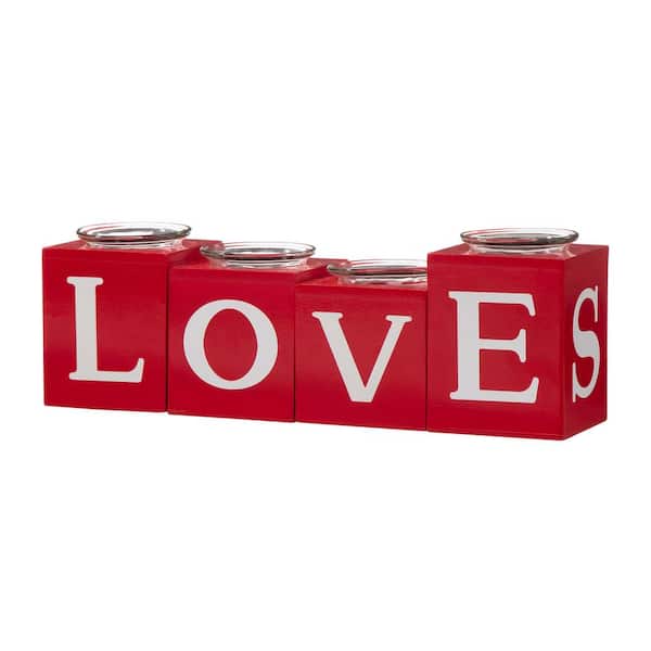 Glitzhome 12 in. L x 4.13 in. H Wooden Valentine's Love/XoXo/Huge/Kiss All Round Candle Holder Table Decor