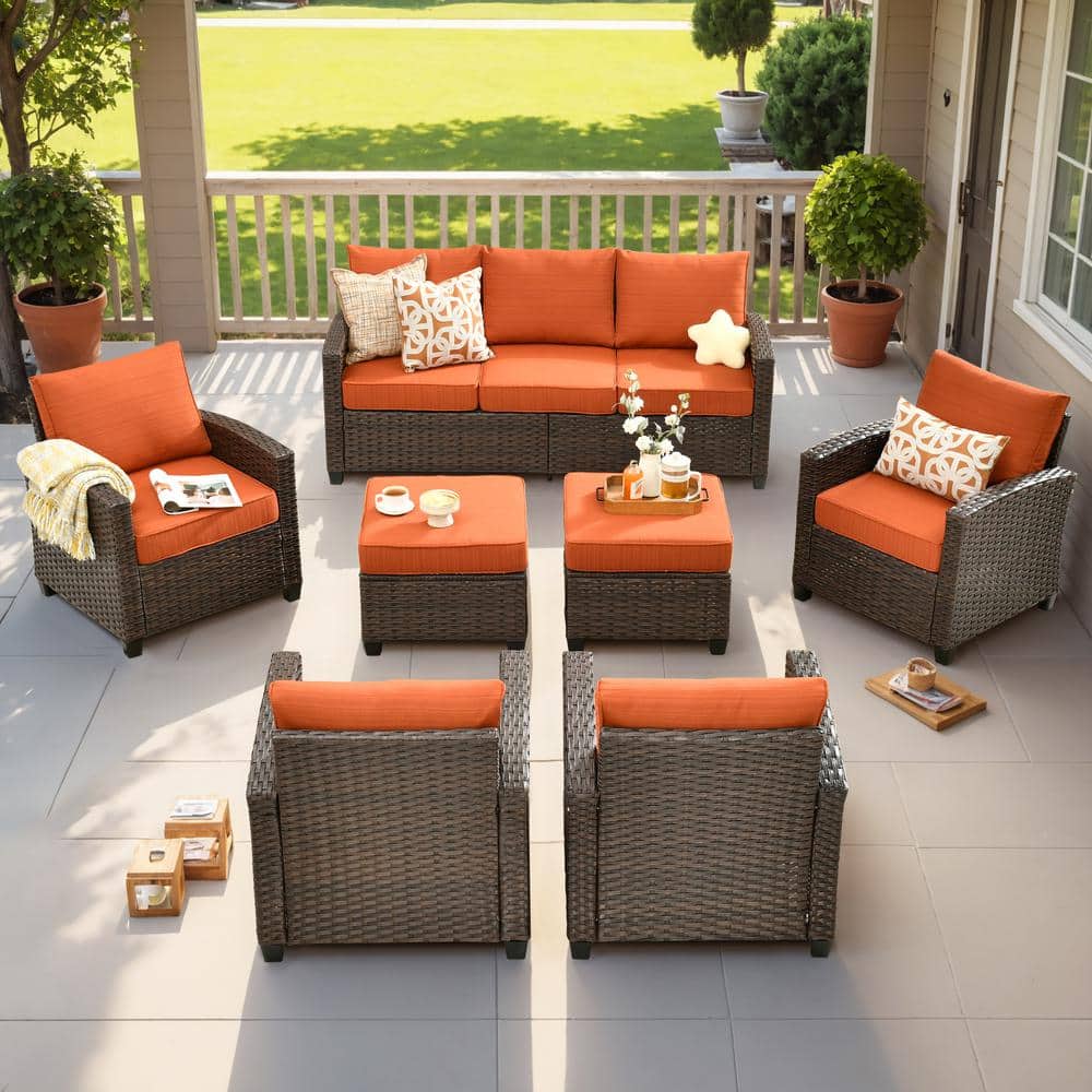 Serena Grey 7-Piece Outdoor Leisure Wicker Conversation Sofa Set for Patio with Ottomans and Orange Red Cushions price history on PriceWatchPro