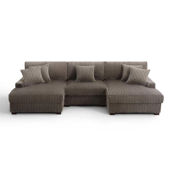 118.31 in. W Square Arm 3-piece Faux Rabbit Fur Fabric Upholstered U-Shaped Modular Sectional Sofa in Light Brown