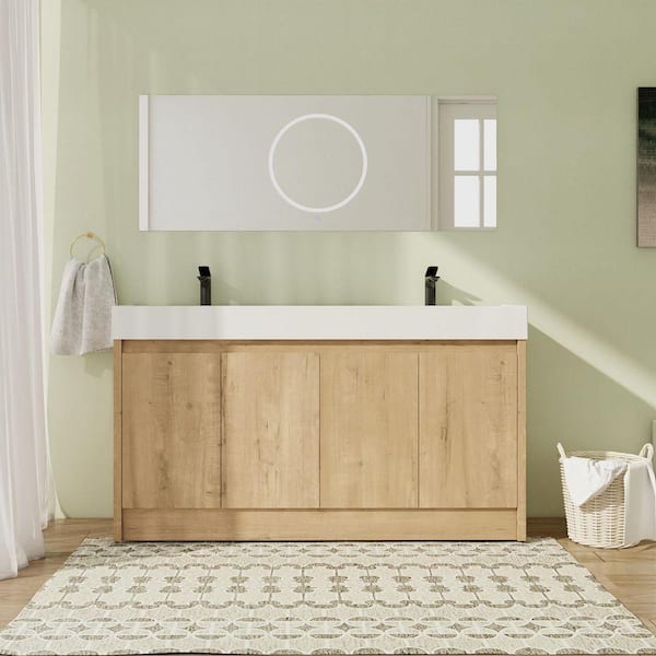60 in. Freestanding Double Oak Bath Vanity with White Resin Top Unassembled