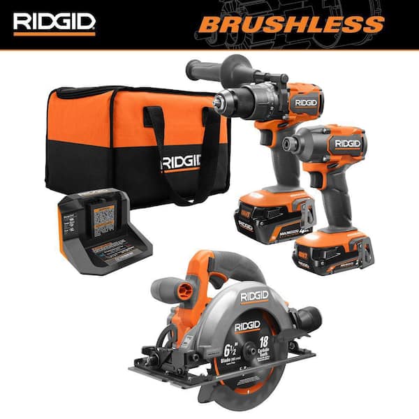 RIDGID 18V Brushless Cordless 2-Tool Combo Kit w/ (2) Batteries, Charger, Bag, & FREE 18V Brushless Multi Tool