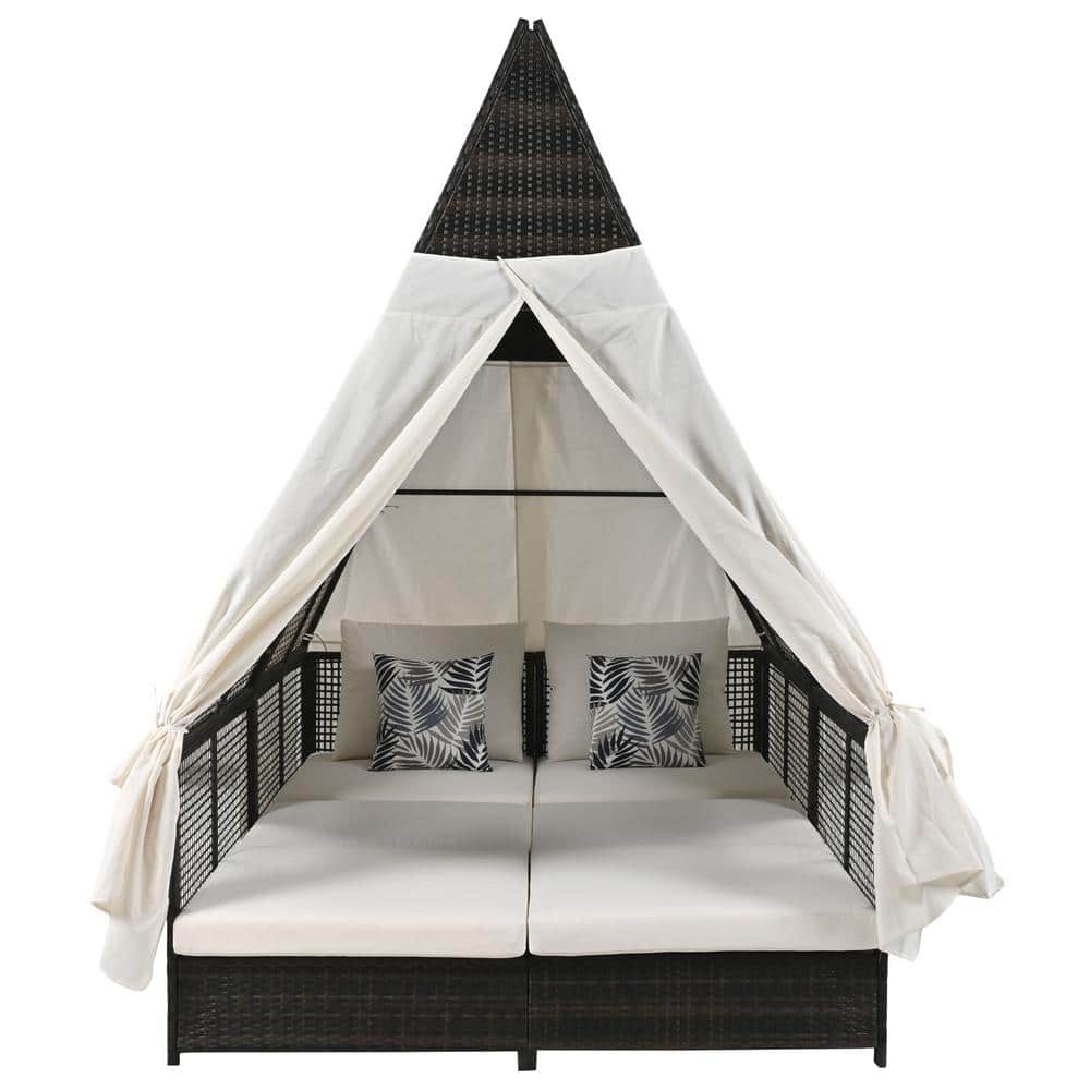 Wicker Outdoor Day Bed with White Cushions, Patio Lounge Bed, Double Sun Lo