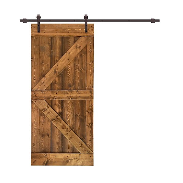 CALHOME K Series 30 in. x 84 in. Solid Walnut Stained Knotty Pine Wood Interior Sliding Barn Door with Hardware Kit