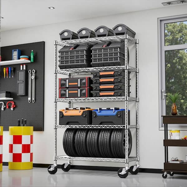 5-Tier Steel Storage Shelving, 1750 lbs. Capacity Organizer Wire Rack with Wheels for Kitchen, Office, Garage in Chrome