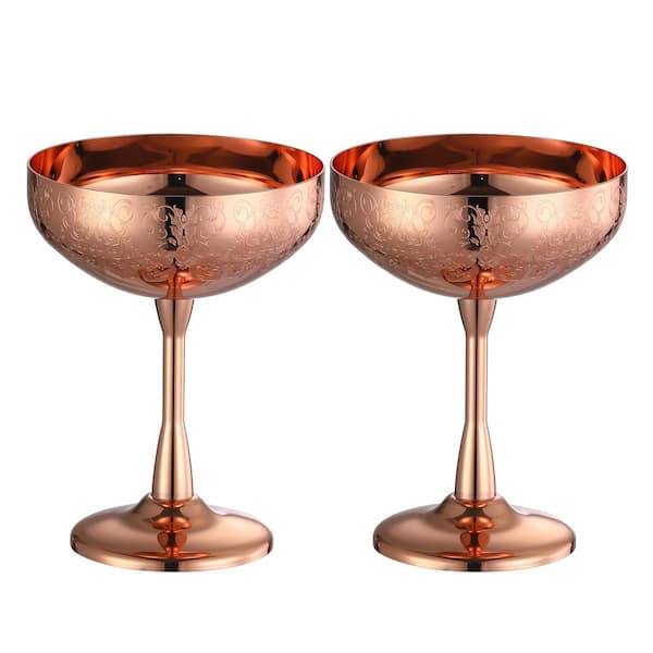 9 oz Copper-Plated Stainless Steel Etched Coupe Cocktail Glass Unbreakable Stemmed Bar Glassware (Set of 2)