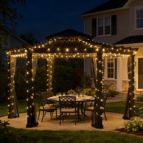 15 ft. x 15 ft. Hexagon Outdoor Black Aluminum Frame Pavilion Hardtop Gazebo with Double Iron Roof and Mosquito Netting