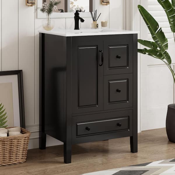 24 in. Freestanding Black Bath Vanity with White Ceramic Top Unassembled