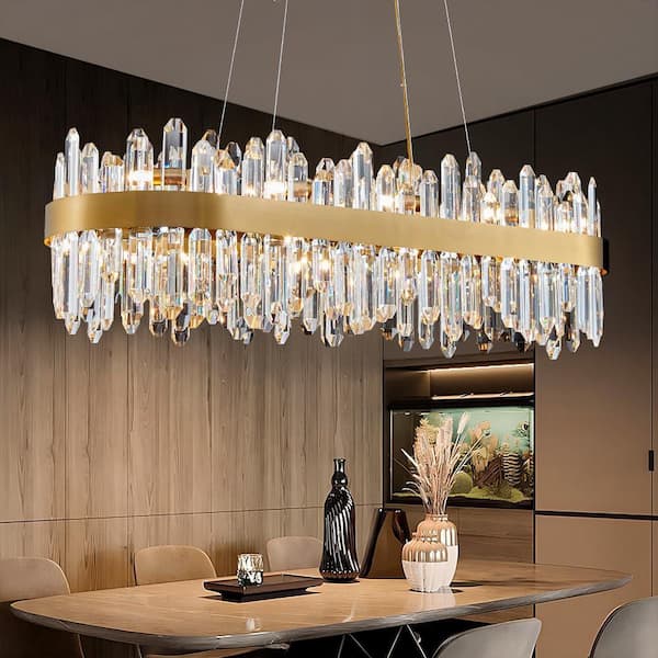 YUYI Farmhouse 35.4 in. 16-Light Gold Chandelier, Modern Rectangular K9 Crystal Chandelier for Dining Room, Kitchen Island