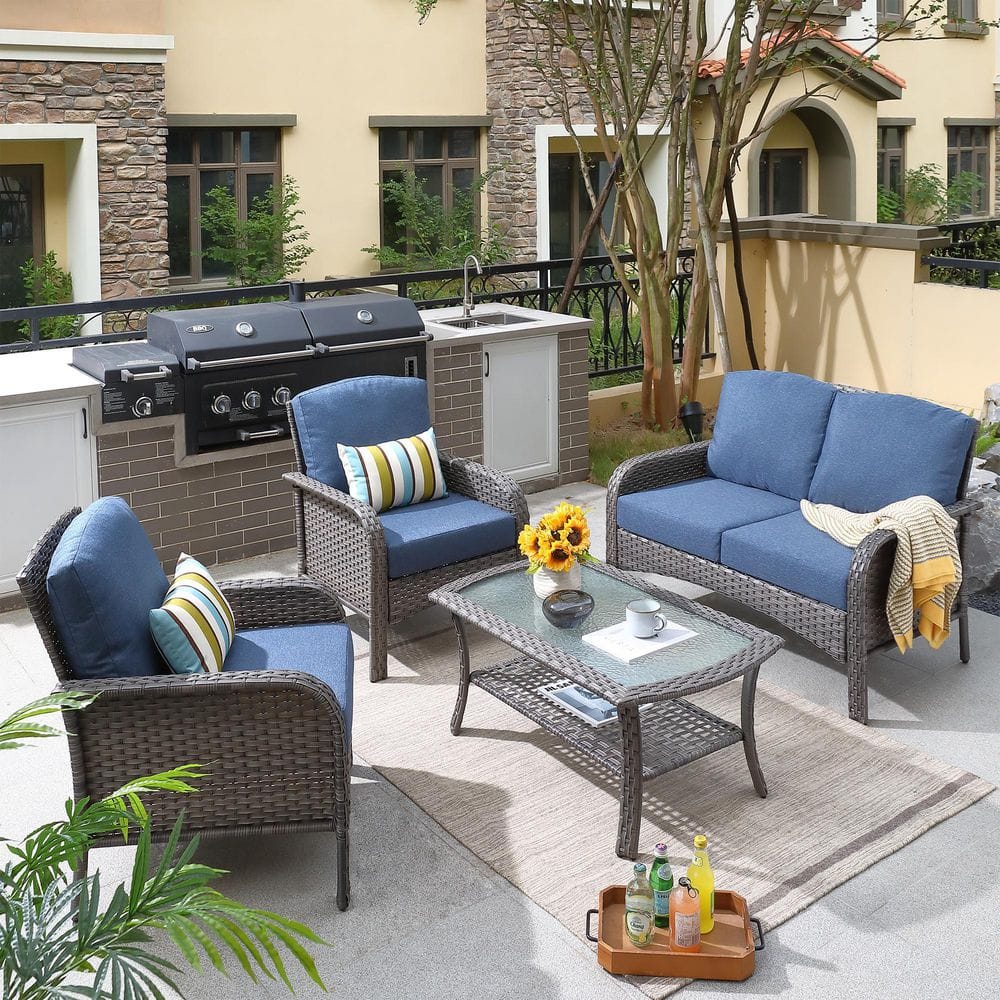 Toject Denali Gray 4-Piece 4-Seat Wicker Modern Outdoor Patio Conversation Sofa Seating Set with Denim Blue Cushions GNDS304