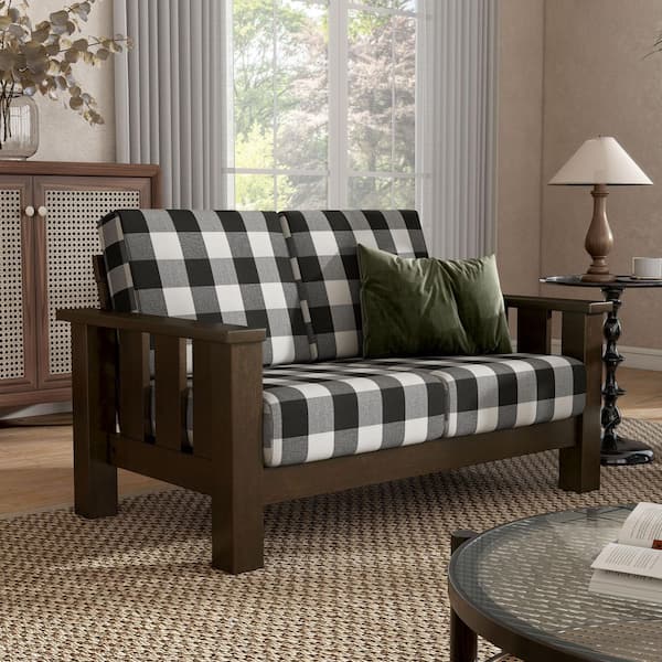Thu 55 in. Checkered Fabric 2-Seater Removable Cushion Loveseat in Dark Walnut