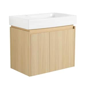 24 in. W Single Sink Floating Bath Vanity in Oak with White Basin Top, Wooden Storage