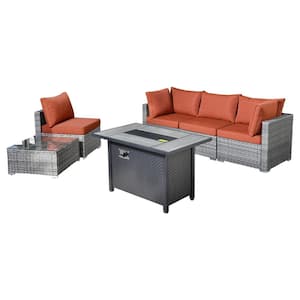 Messi Gray 6-Piece Wicker Outdoor Patio Conversation Sectional Sofa Set with a Metal Fire Pit and Orange Red Cushions