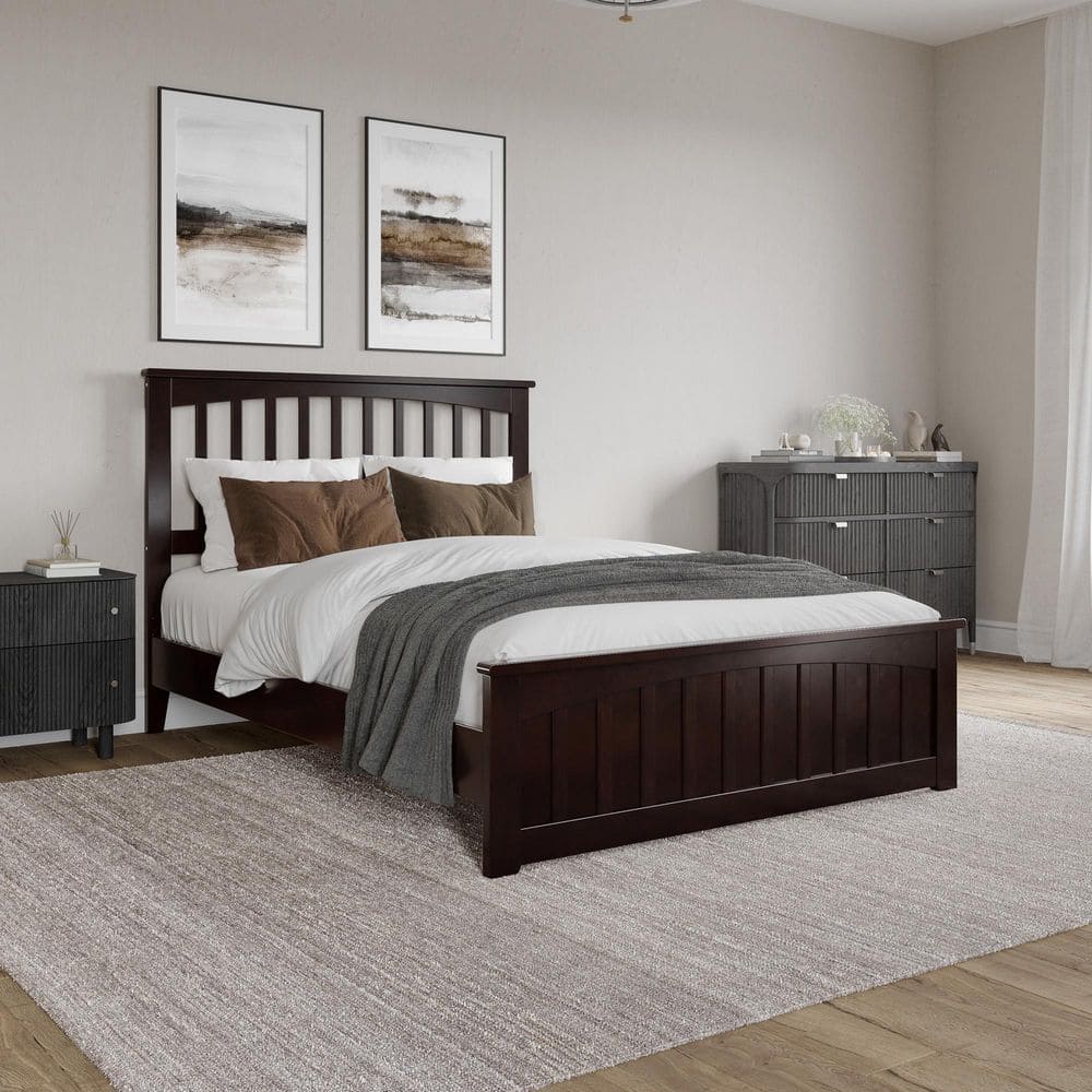 Espresso Full Wood Platform Bed with Slatted Headboard and Footboard