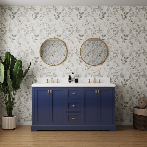 Xspracer Moray 60 in. W x 22 in. D x 40 in. H Freestanding Double Sinks Bath Vanity in Navy Blue with White Marble Countertop