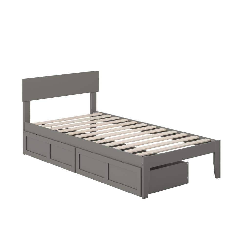 Gray Twin Wood Platform Bed with Storage Drawers