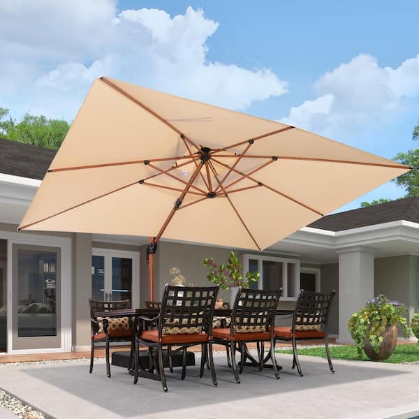 PURPLE LEAF 10 ft. x 13 ft. High-Quality Wood Pattern Aluminum Cantilever Polyester Patio Umbrella with Stand, Beige