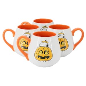 Snoopy Halloween Pumpkin 4 Piece 20 Ounce Stoneware Mug Set in White and Orange