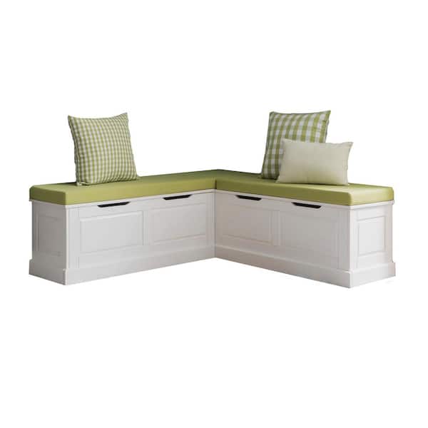 Linon Home Decor Rockhill White Breakfast Dining Bench Backless Nook w Apple Green 5 piece Cushion Set 62.4 in. W