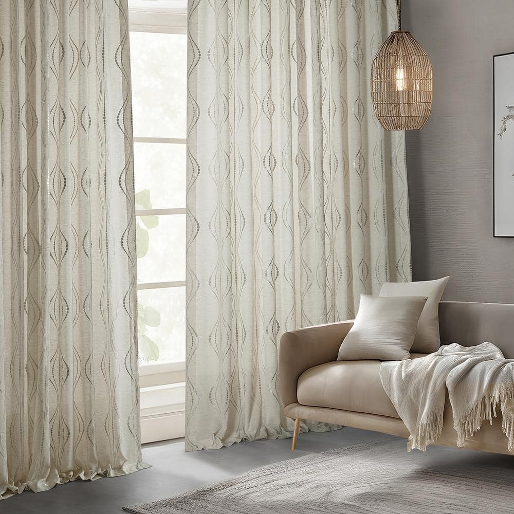 Suez Natural Embroidered Faux Linen Sheer Curtain Panel 50W x 84L