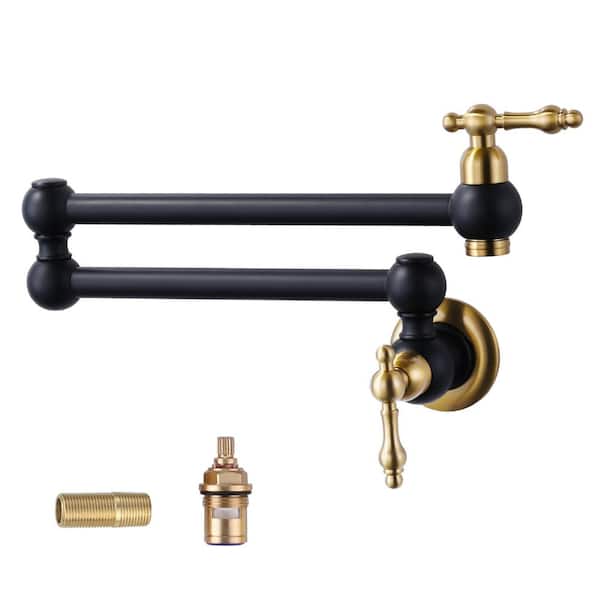 ARCORA Wall Mounted Brass Pot Filler with 2-Handles in Black and Gold