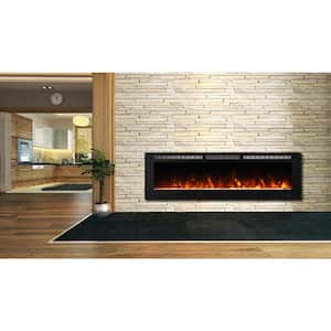Black 72 in. 400 Sq. Ft. Recessed and Wall Mounted Electric Fireplace with Logs and Crystals